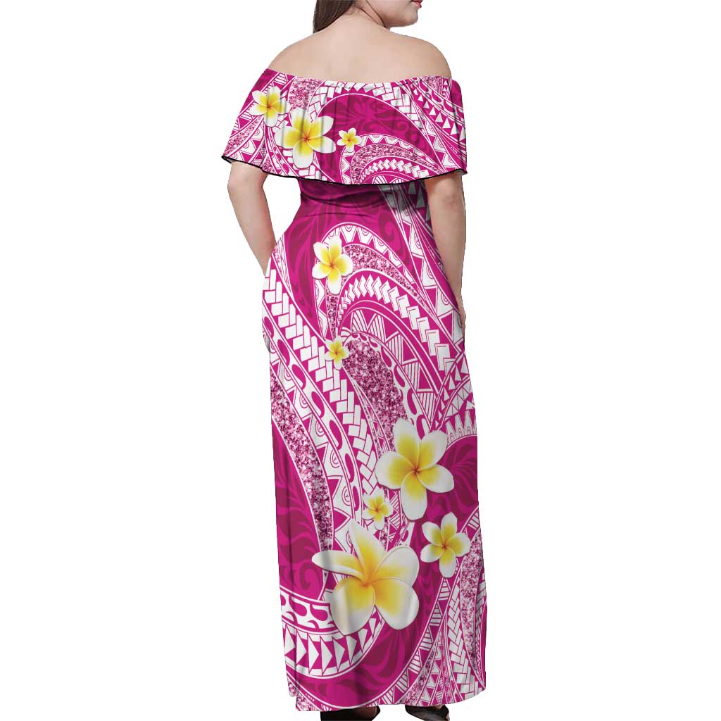 Plumeria Polynesian Pink Glitter Pattern Off Shoulder Maxi Dress LT01 - Polynesian Pride