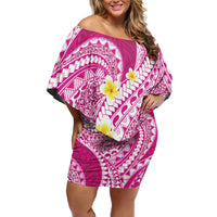 Plumeria Polynesian Pink Glitter Pattern Off Shoulder Short Dress LT01 Women Pink - Polynesian Pride