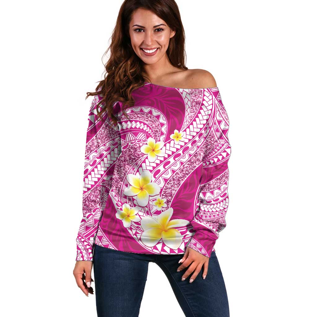 Plumeria Polynesian Pink Glitter Pattern Off Shoulder Sweater