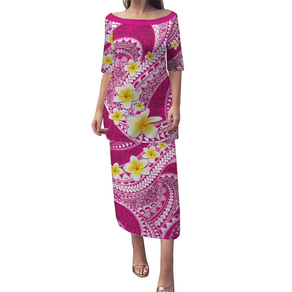 Plumeria Polynesian Pink Glitter Pattern Puletasi LT01 Long Dress Pink - Polynesian Pride