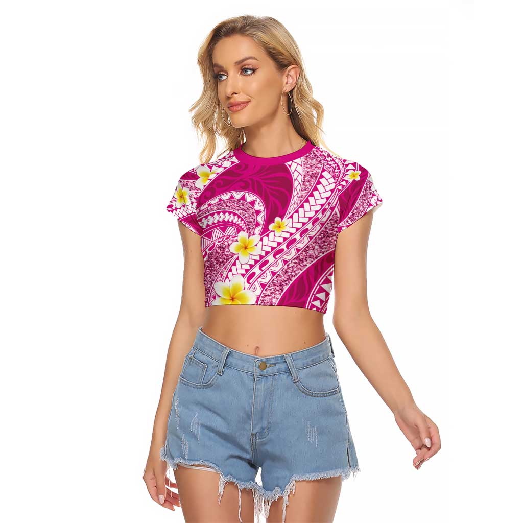 Plumeria Polynesian Pink Glitter Pattern Raglan Cropped T Shirt LT01 Female Pink - Polynesian Pride