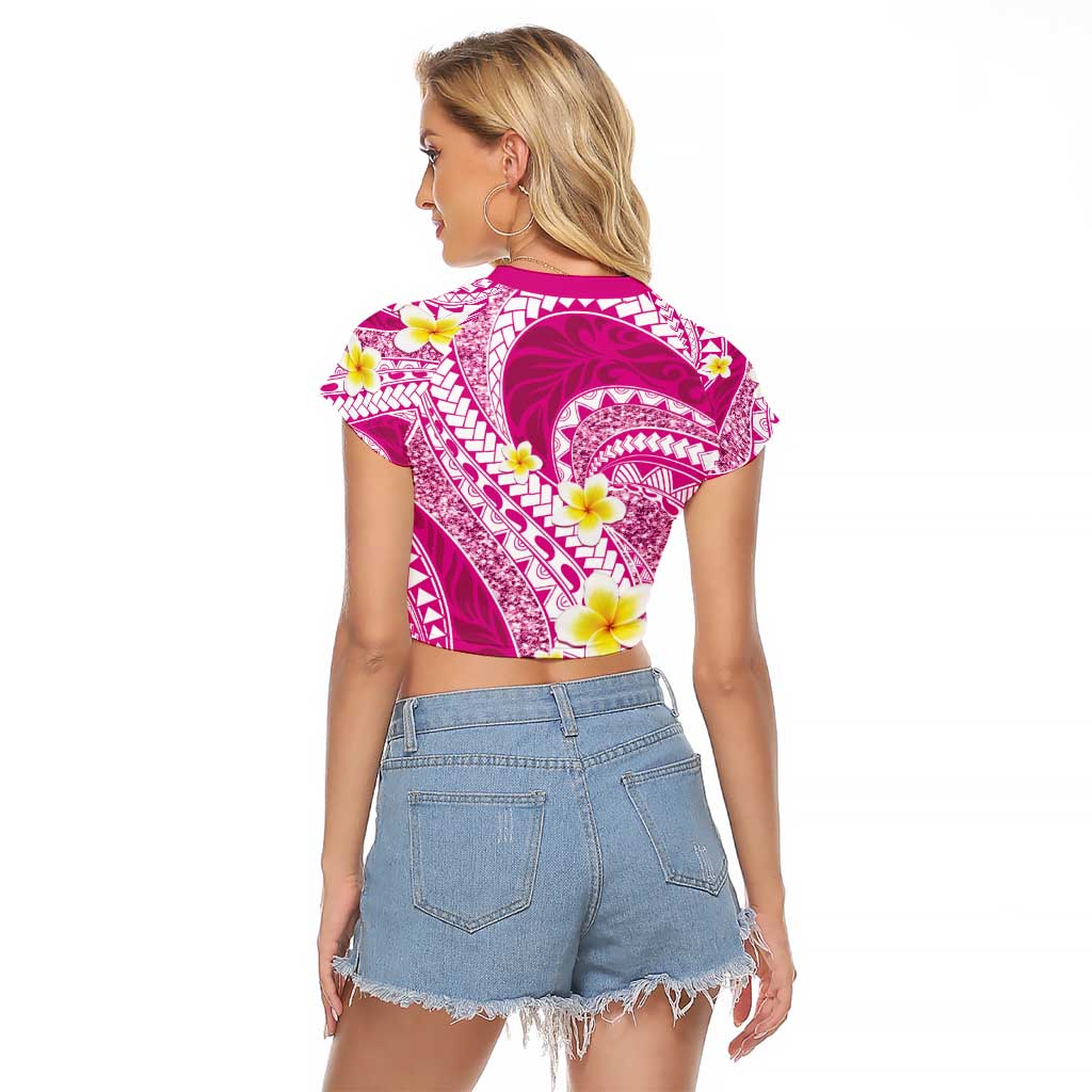 Plumeria Polynesian Pink Glitter Pattern Raglan Cropped T Shirt LT01 - Polynesian Pride