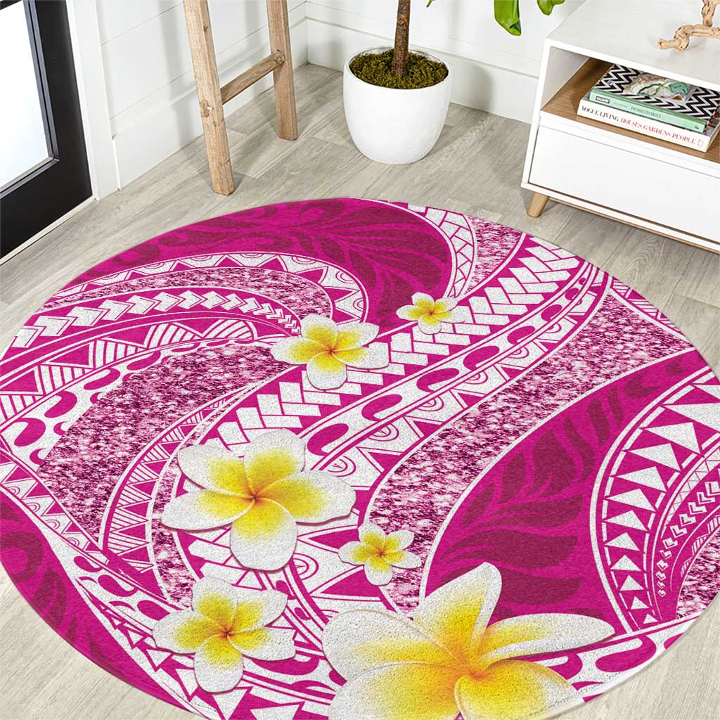 Plumeria Polynesian Pink Glitter Pattern Round Carpet