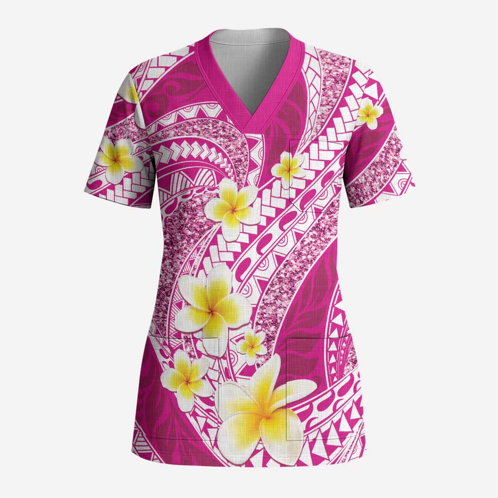 Plumeria Polynesian Pink Glitter Pattern Scrub Top LT01 Adult Pink - Polynesian Pride