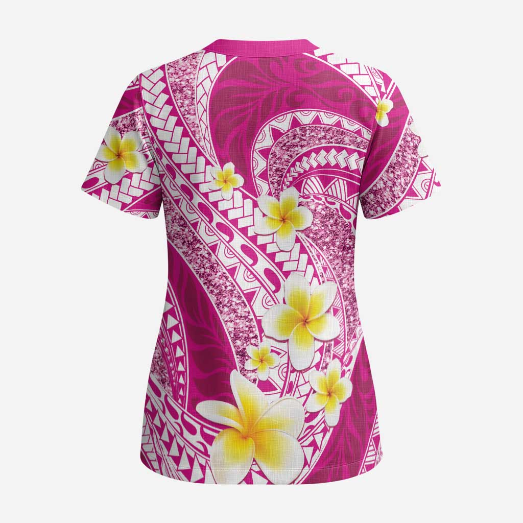 Plumeria Polynesian Pink Glitter Pattern Scrub Top LT01 - Polynesian Pride