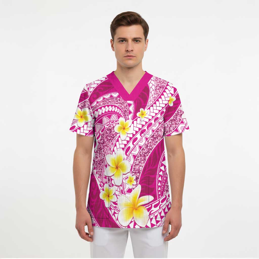 Plumeria Polynesian Pink Glitter Pattern Scrub Top LT01 - Polynesian Pride
