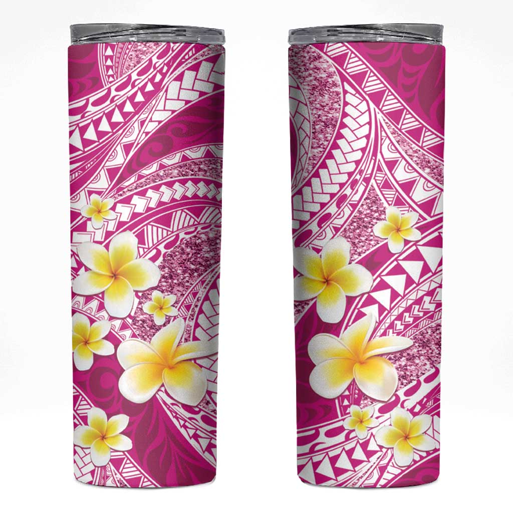 Plumeria Polynesian Pink Glitter Pattern Skinny Tumbler