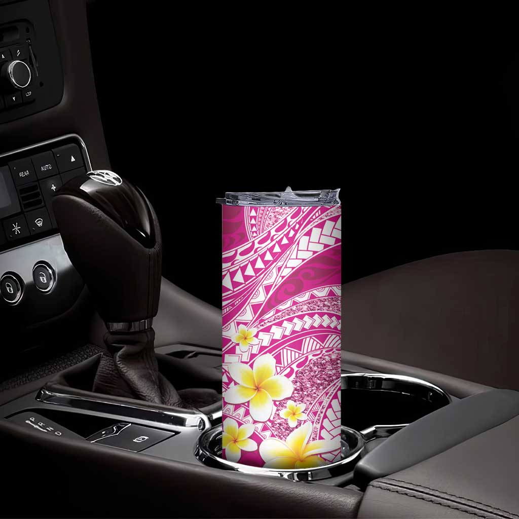 Plumeria Polynesian Pink Glitter Pattern Skinny Tumbler