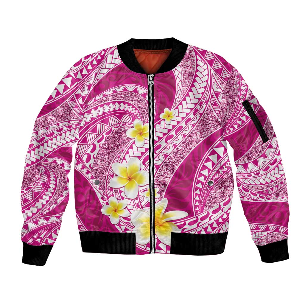 Plumeria Polynesian Pink Glitter Pattern Sleeve Zip Bomber Jacket