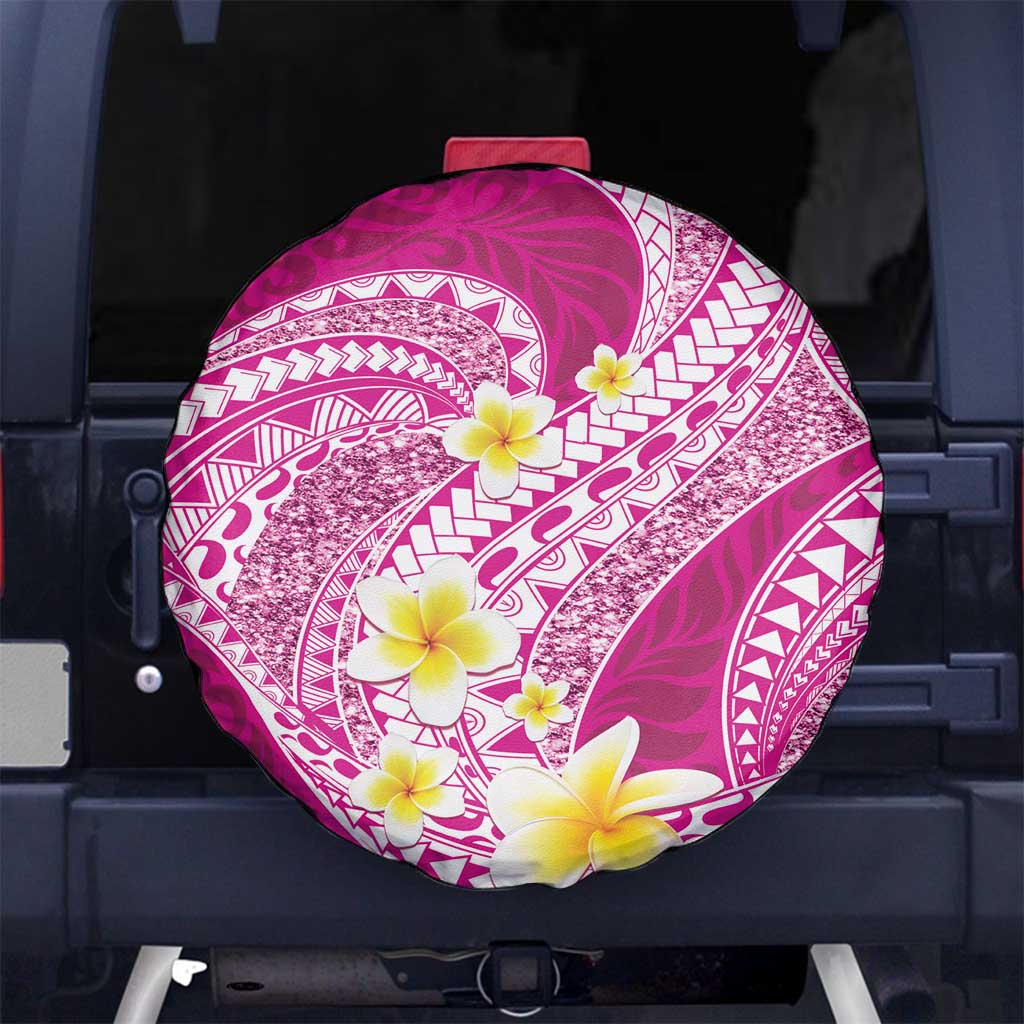 Plumeria Polynesian Pink Glitter Pattern Spare Tire Cover
