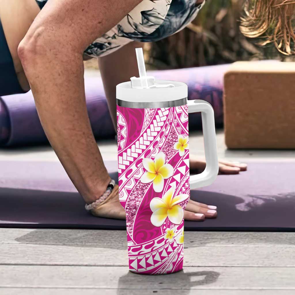 Plumeria Polynesian Pink Glitter Pattern Tumbler With Handle LT01 - Polynesian Pride
