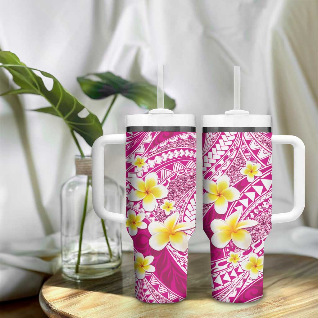 Plumeria Polynesian Pink Glitter Pattern Tumbler With Handle LT01 - Polynesian Pride