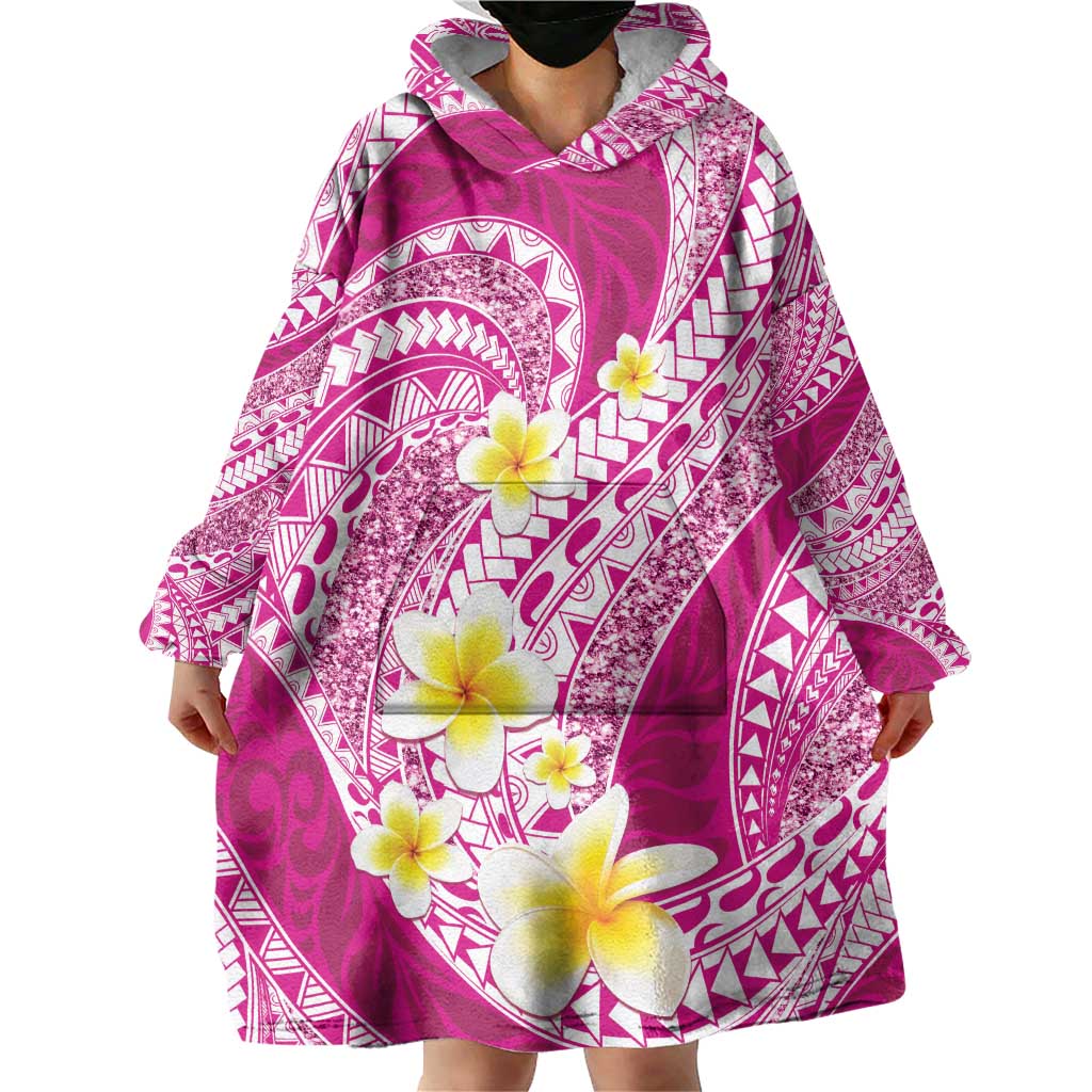 Plumeria Polynesian Pink Glitter Pattern Wearable Blanket Hoodie LT01 - Polynesian Pride