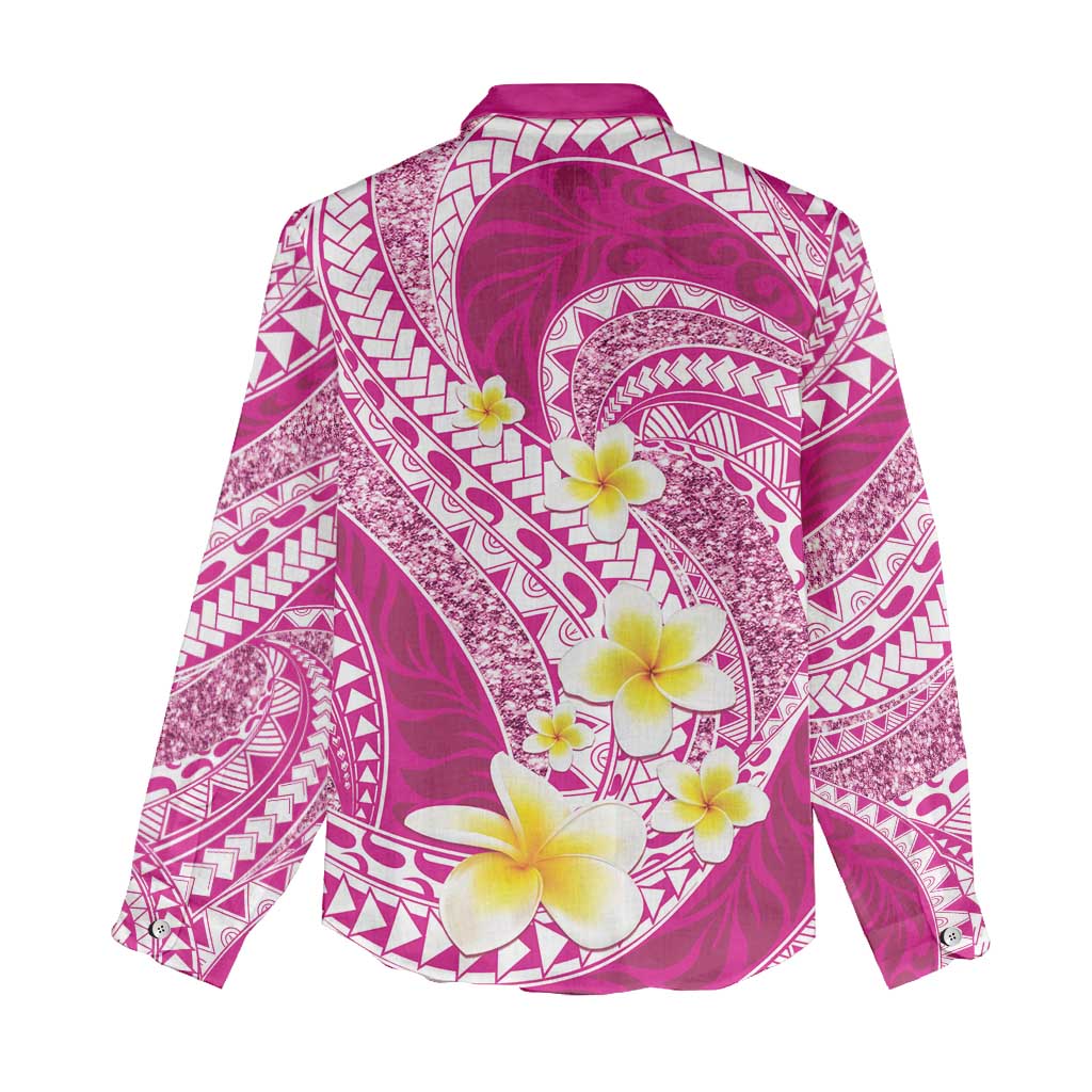 Plumeria Polynesian Pink Glitter Pattern Women Casual Shirt