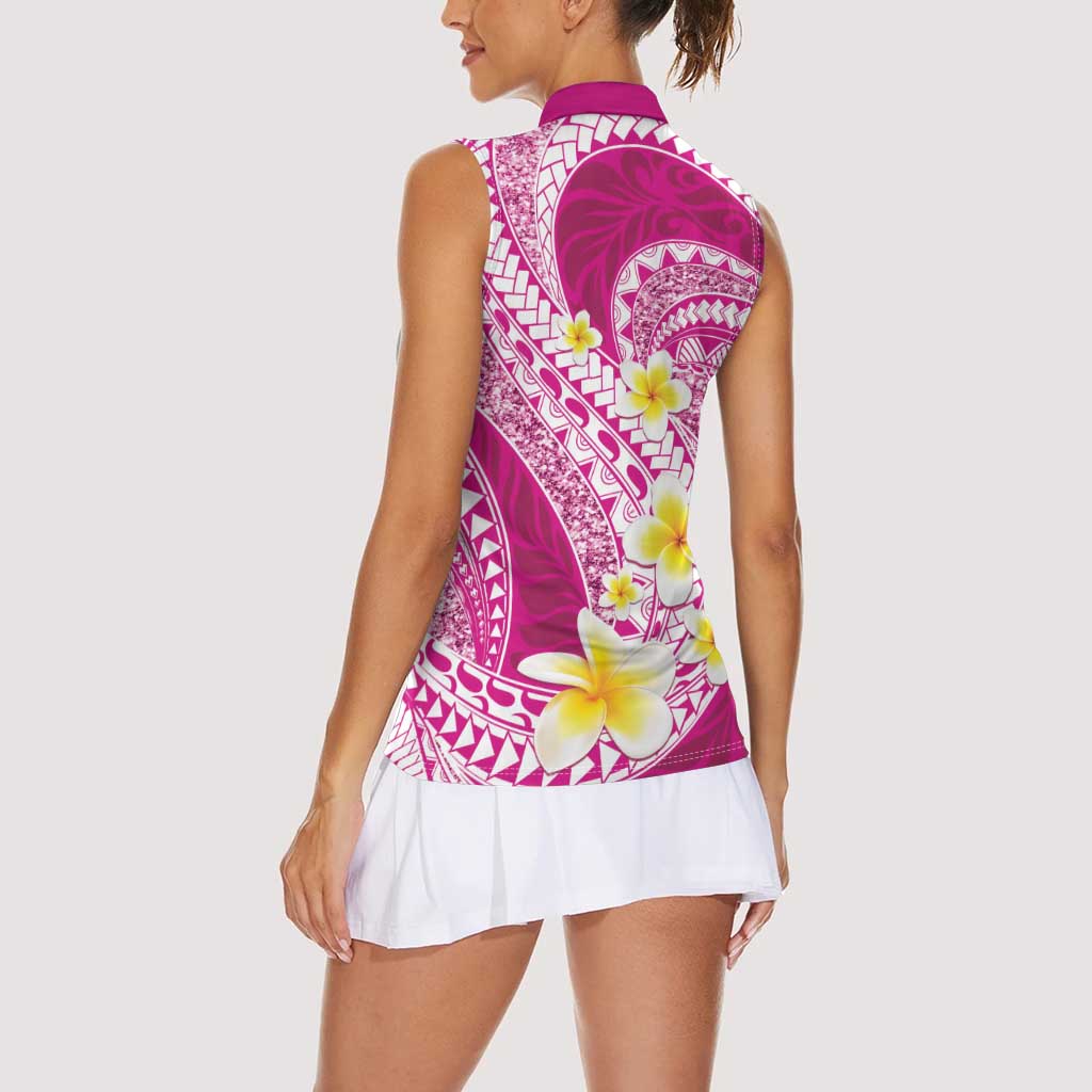 Plumeria Polynesian Pink Glitter Pattern Women Sleeveless Polo Shirt