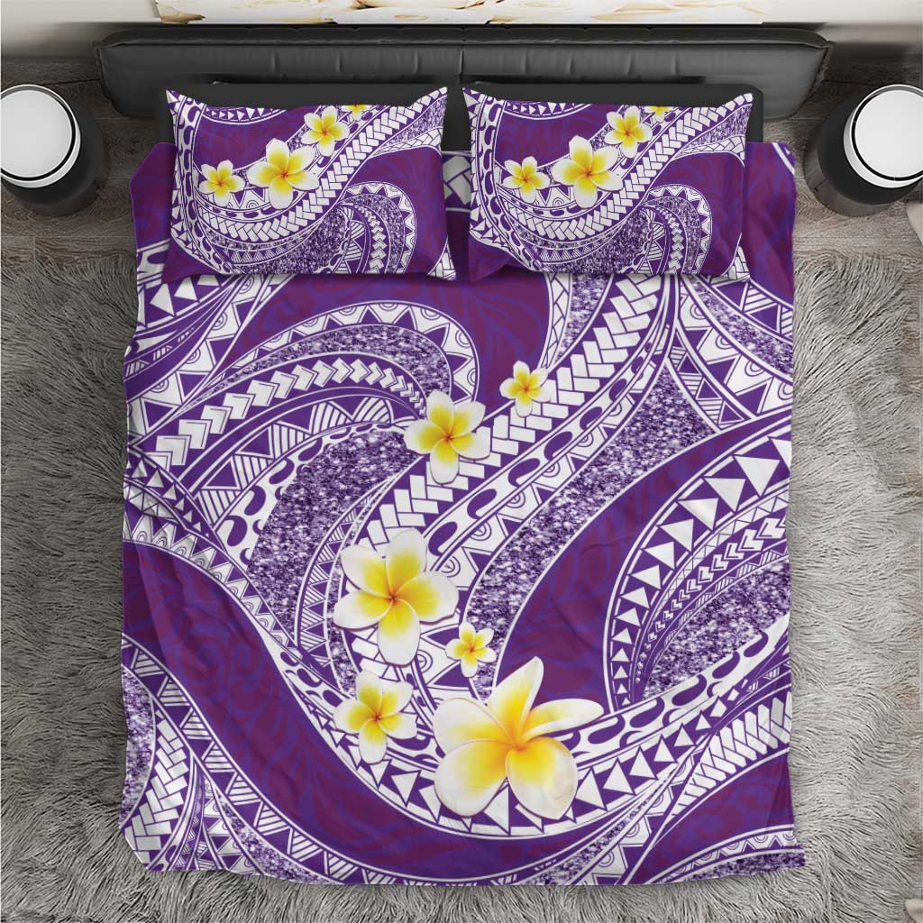 Plumeria Polynesian Purple Glitter Pattern Bedding Set
