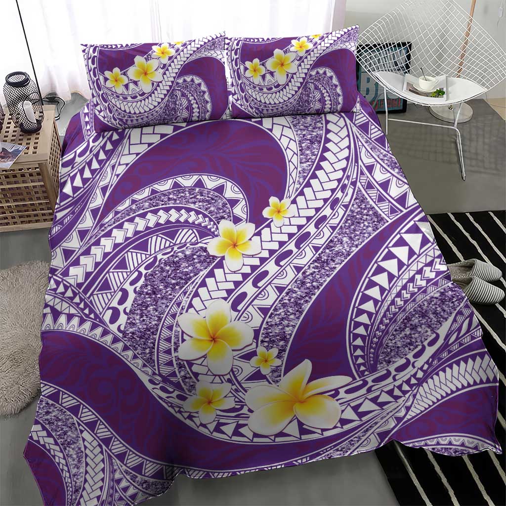Plumeria Polynesian Purple Glitter Pattern Bedding Set