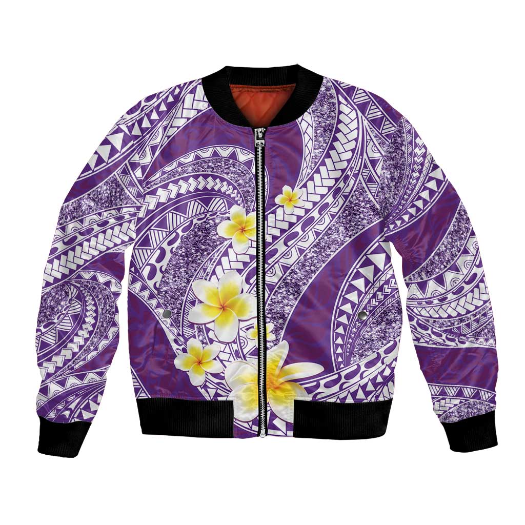 Plumeria Polynesian Purple Glitter Pattern Bomber Jacket