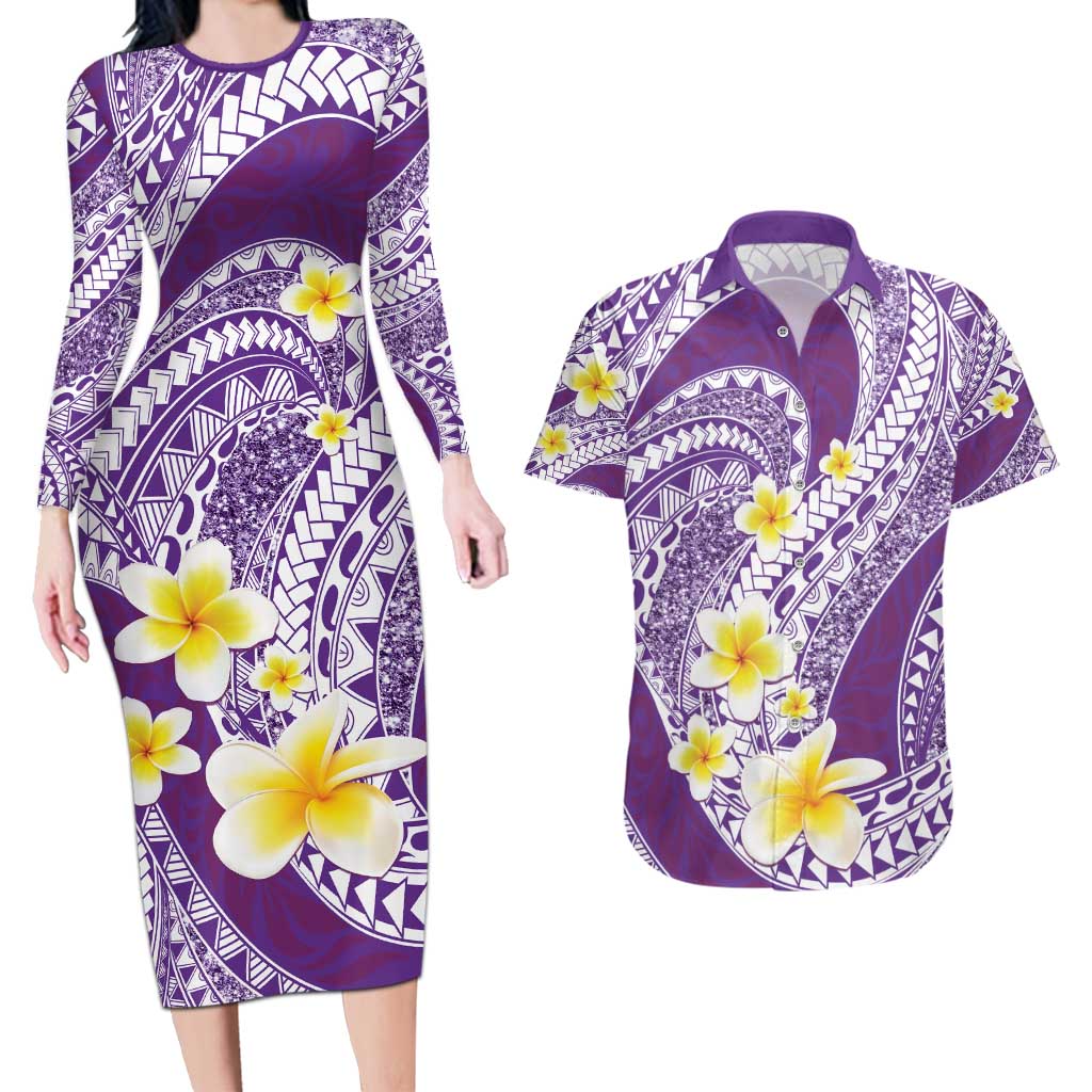 Plumeria Polynesian Purple Glitter Pattern Couples Matching Long Sleeve Bodycon Dress and Hawaiian Shirt LT01 Purple - Polynesian Pride