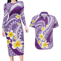 Plumeria Polynesian Purple Glitter Pattern Couples Matching Long Sleeve Bodycon Dress and Hawaiian Shirt LT01 Purple - Polynesian Pride
