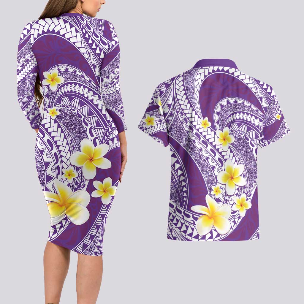 Plumeria Polynesian Purple Glitter Pattern Couples Matching Long Sleeve Bodycon Dress and Hawaiian Shirt LT01 - Polynesian Pride
