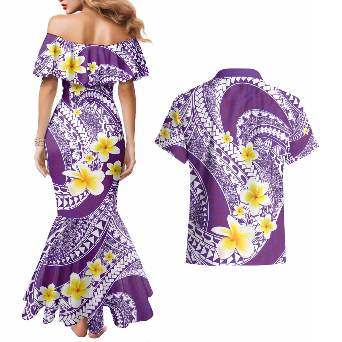 Plumeria Polynesian Purple Glitter Pattern Couples Matching Mermaid Dress and Hawaiian Shirt LT01 - Polynesian Pride