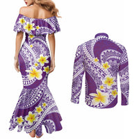 Plumeria Polynesian Purple Glitter Pattern Couples Matching Mermaid Dress and Long Sleeve Button Shirt LT01 - Polynesian Pride