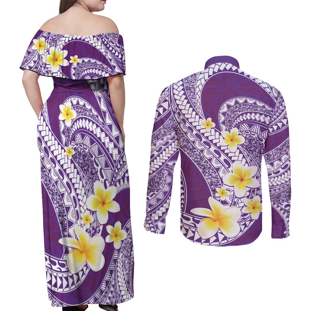 Plumeria Polynesian Purple Glitter Pattern Couples Matching Off Shoulder Maxi Dress and Long Sleeve Button Shirt LT01 - Polynesian Pride