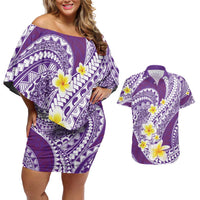Plumeria Polynesian Purple Glitter Pattern Couples Matching Off Shoulder Short Dress and Hawaiian Shirt LT01 Purple - Polynesian Pride