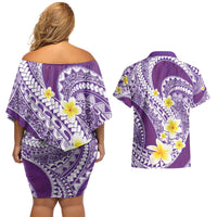 Plumeria Polynesian Purple Glitter Pattern Couples Matching Off Shoulder Short Dress and Hawaiian Shirt LT01 - Polynesian Pride