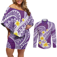 Plumeria Polynesian Purple Glitter Pattern Couples Matching Off Shoulder Short Dress and Long Sleeve Button Shirt LT01 Purple - Polynesian Pride