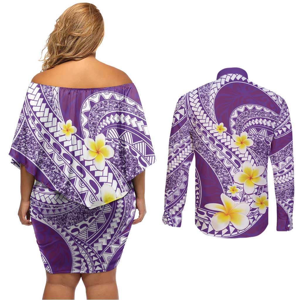 Plumeria Polynesian Purple Glitter Pattern Couples Matching Off Shoulder Short Dress and Long Sleeve Button Shirt LT01 - Polynesian Pride