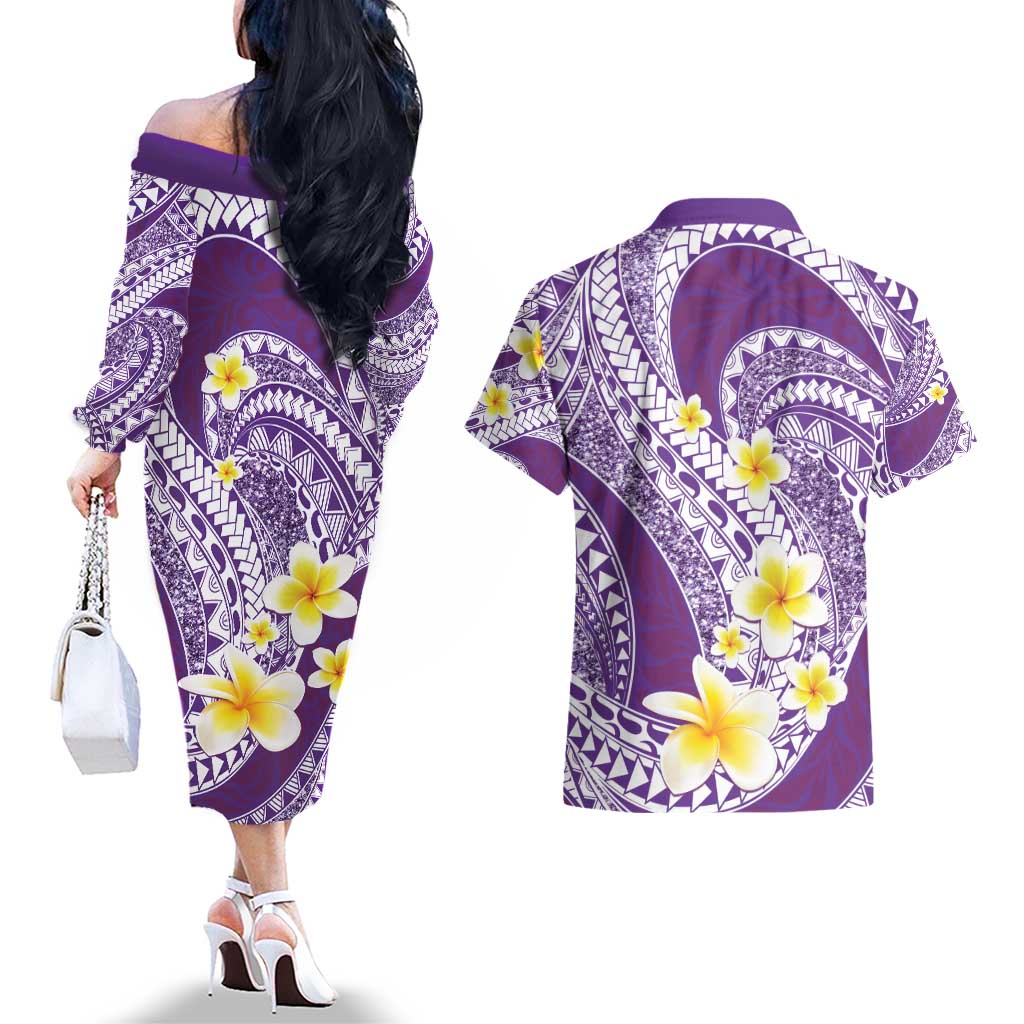 Plumeria Polynesian Purple Glitter Pattern Couples Matching Off The Shoulder Long Sleeve Dress and Hawaiian Shirt LT01 - Polynesian Pride
