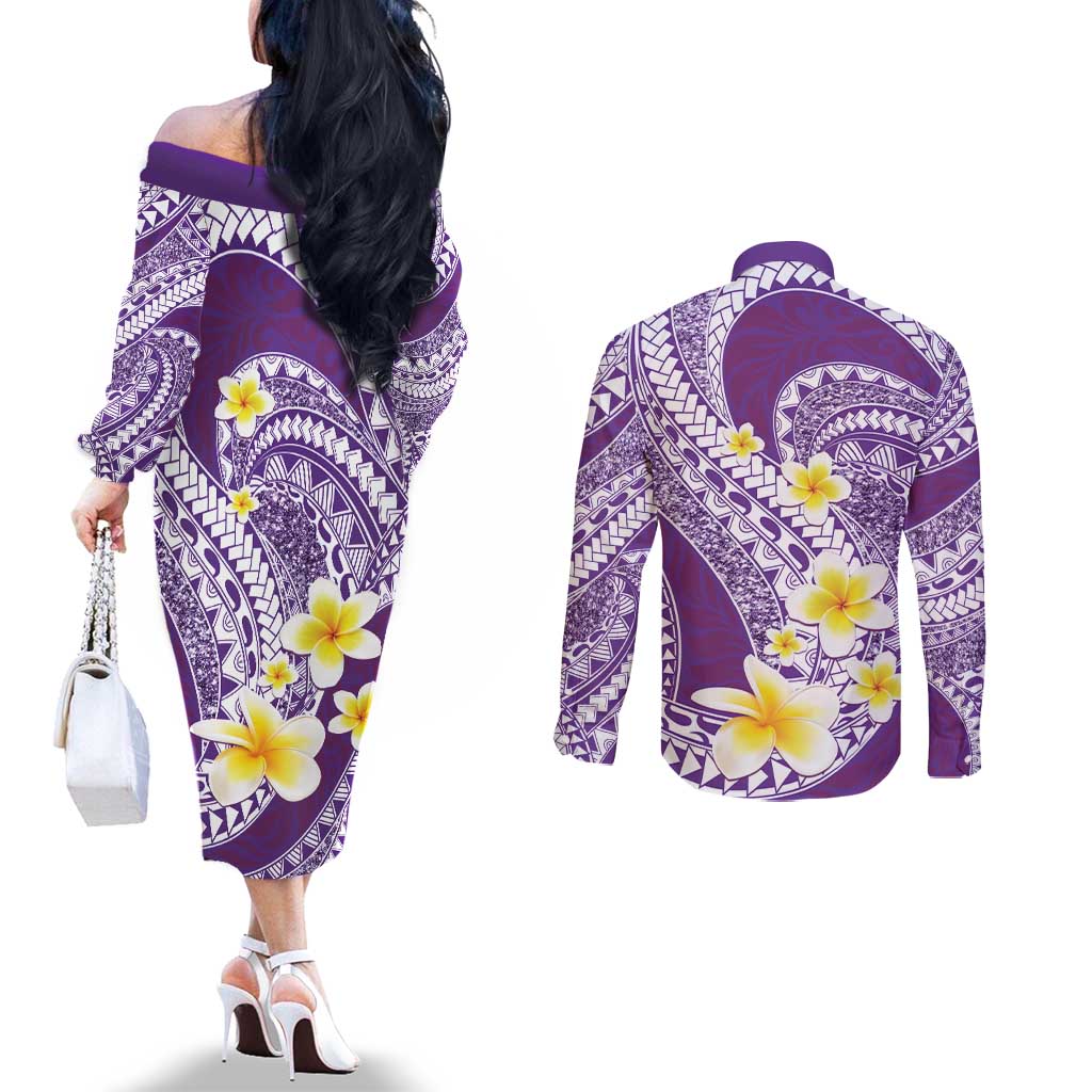 Plumeria Polynesian Purple Glitter Pattern Couples Matching Off The Shoulder Long Sleeve Dress and Long Sleeve Button Shirt LT01 - Polynesian Pride