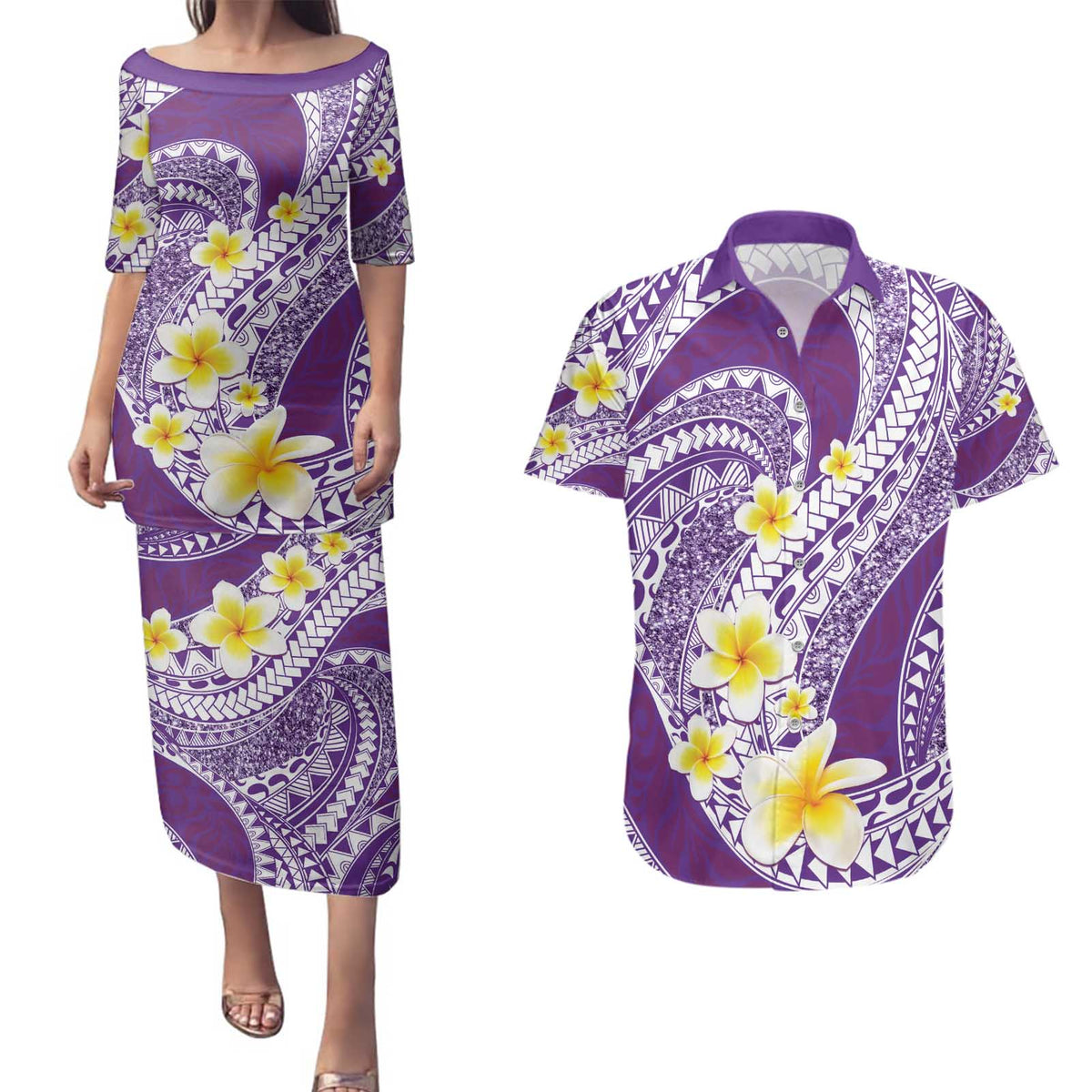Plumeria Polynesian Purple Glitter Pattern Couples Matching Puletasi and Hawaiian Shirt LT01 Purple - Polynesian Pride