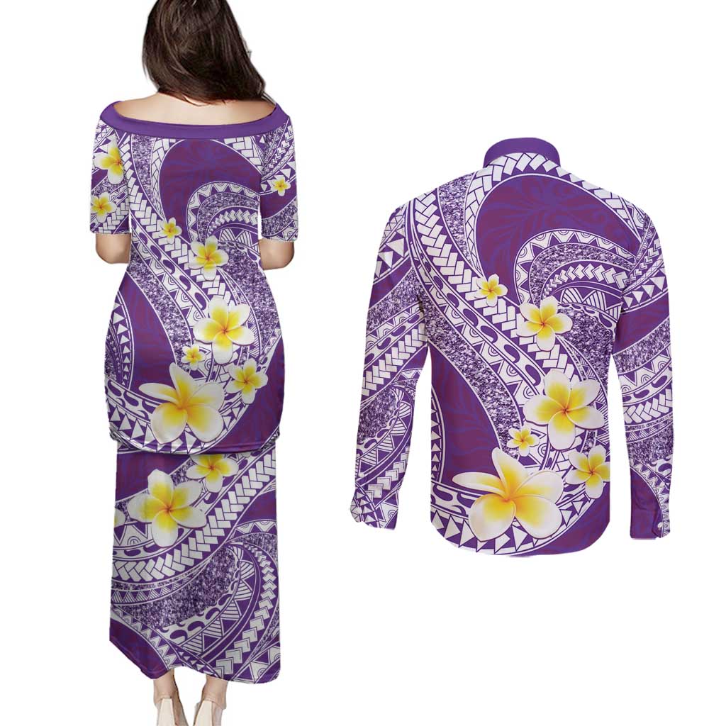Plumeria Polynesian Purple Glitter Pattern Couples Matching Puletasi and Long Sleeve Button Shirt LT01 - Polynesian Pride