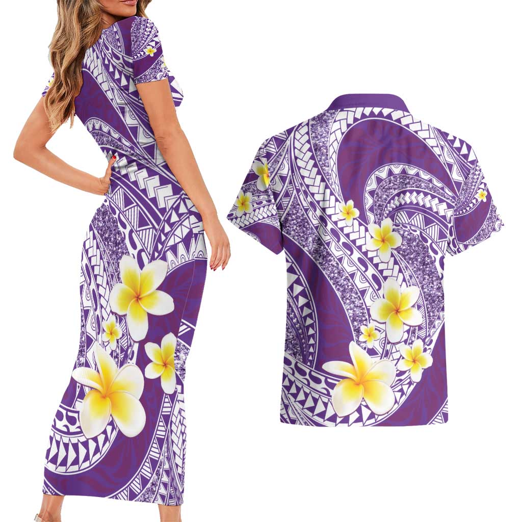 Plumeria Polynesian Purple Glitter Pattern Couples Matching Short Sleeve Bodycon Dress and Hawaiian Shirt LT01 - Polynesian Pride