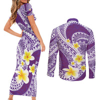 Plumeria Polynesian Purple Glitter Pattern Couples Matching Short Sleeve Bodycon Dress and Long Sleeve Button Shirt LT01 - Polynesian Pride
