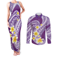 Plumeria Polynesian Purple Glitter Pattern Couples Matching Tank Maxi Dress and Long Sleeve Button Shirt