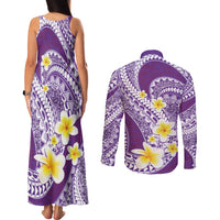 Plumeria Polynesian Purple Glitter Pattern Couples Matching Tank Maxi Dress and Long Sleeve Button Shirt