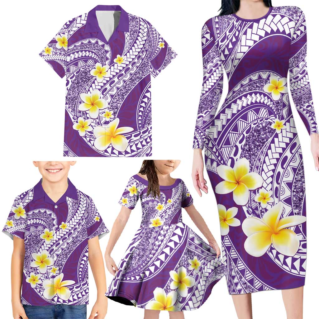 Plumeria Polynesian Purple Glitter Pattern Family Matching Long Sleeve Bodycon Dress and Hawaiian Shirt