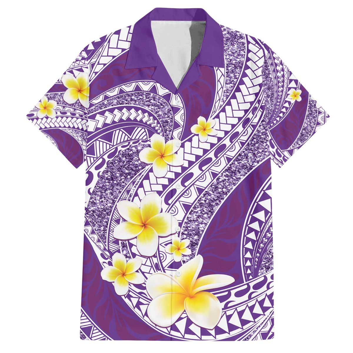 Plumeria Polynesian Purple Glitter Pattern Family Matching Off The Shoulder Long Sleeve Dress and Hawaiian Shirt