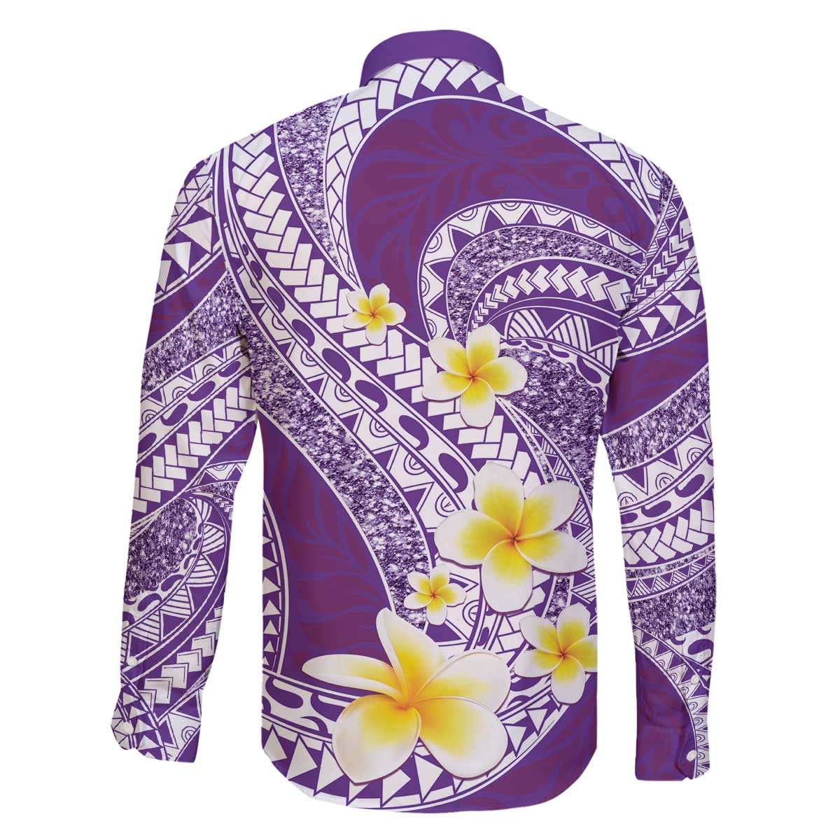 Plumeria Polynesian Purple Glitter Pattern Family Matching Off The Shoulder Long Sleeve Dress and Hawaiian Shirt