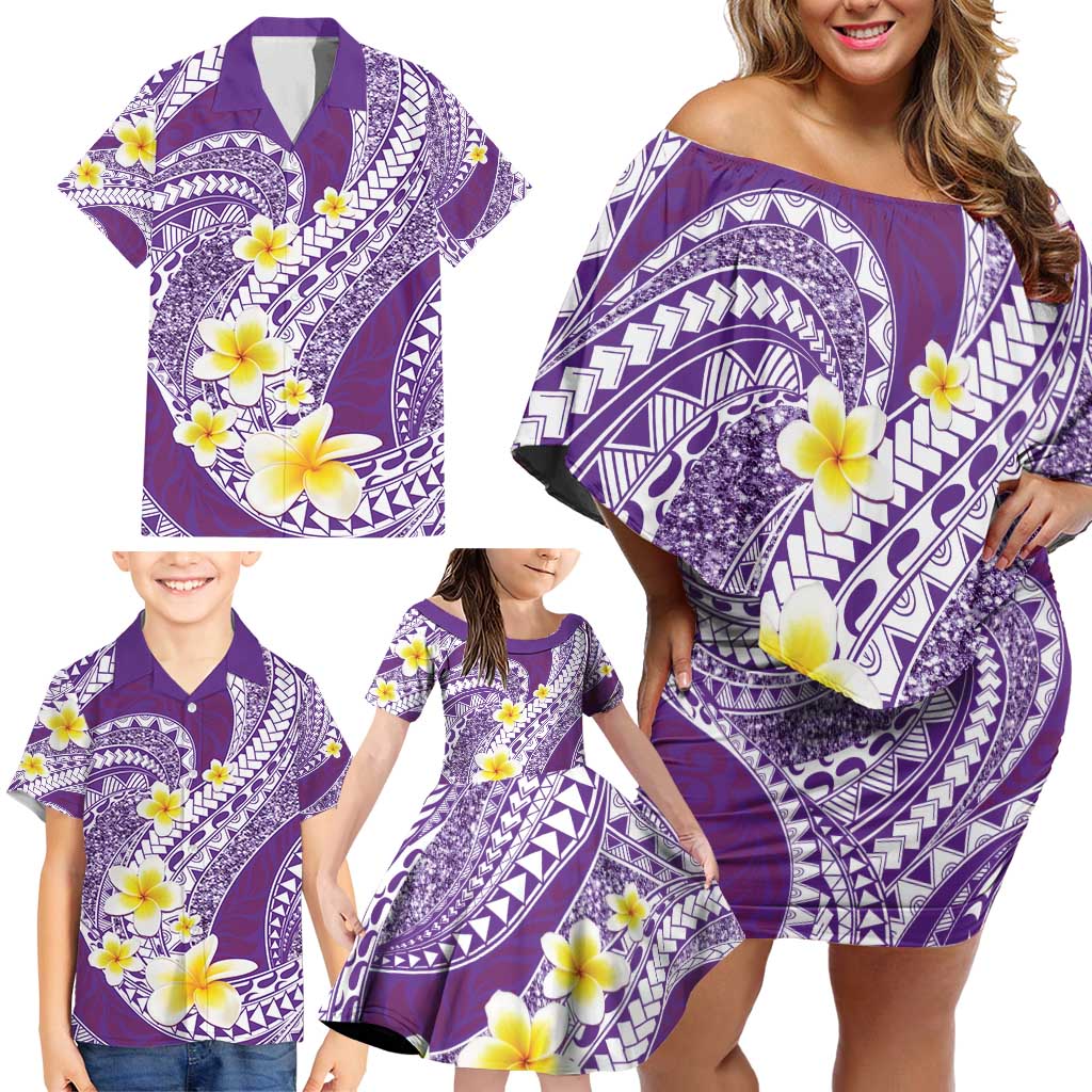 Plumeria Polynesian Purple Glitter Pattern Family Matching Off Shoulder Short Dress and Hawaiian Shirt