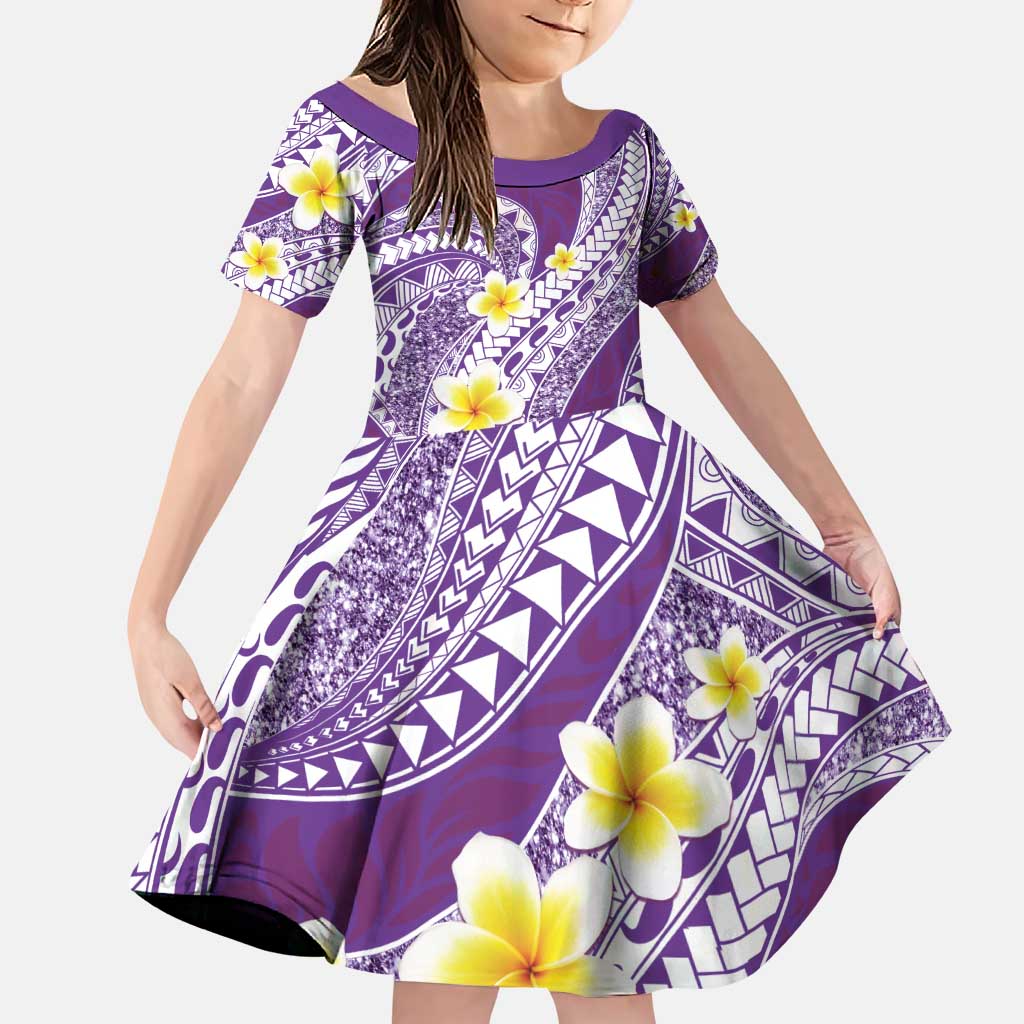 Plumeria Polynesian Purple Glitter Pattern Family Matching Puletasi and Hawaiian Shirt LT01 Daughter's Dress Purple - Polynesian Pride