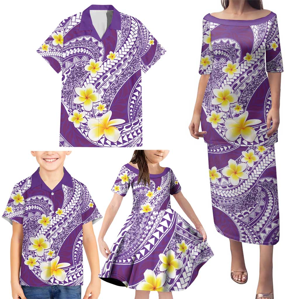 Plumeria Polynesian Purple Glitter Pattern Family Matching Puletasi and Hawaiian Shirt LT01 - Polynesian Pride