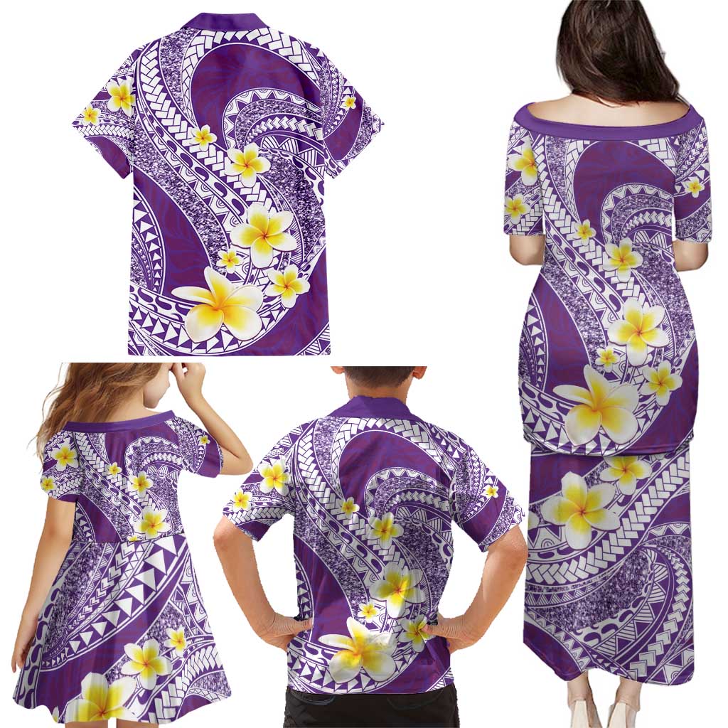 Plumeria Polynesian Purple Glitter Pattern Family Matching Puletasi and Hawaiian Shirt LT01 - Polynesian Pride