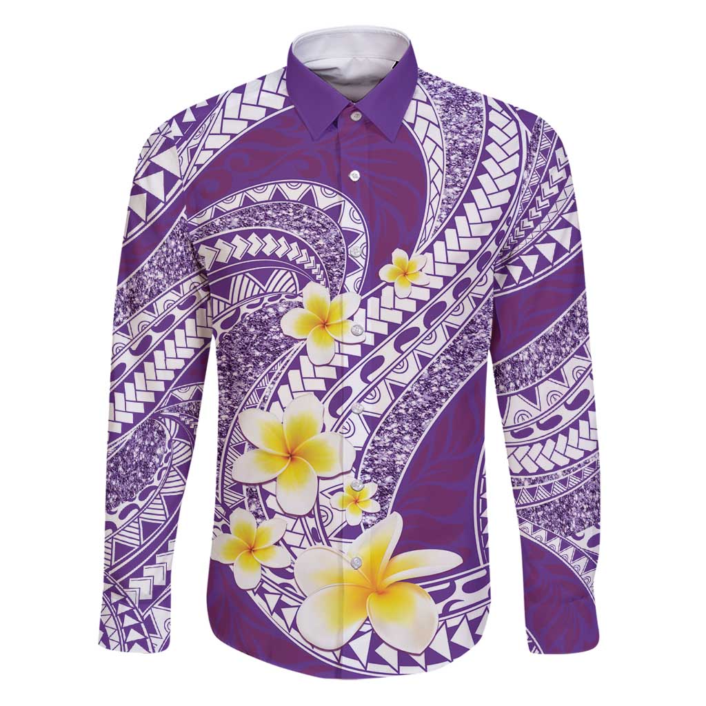Plumeria Polynesian Purple Glitter Pattern Family Matching Puletasi and Hawaiian Shirt LT01 Dad's Shirt - Long Sleeve Purple - Polynesian Pride