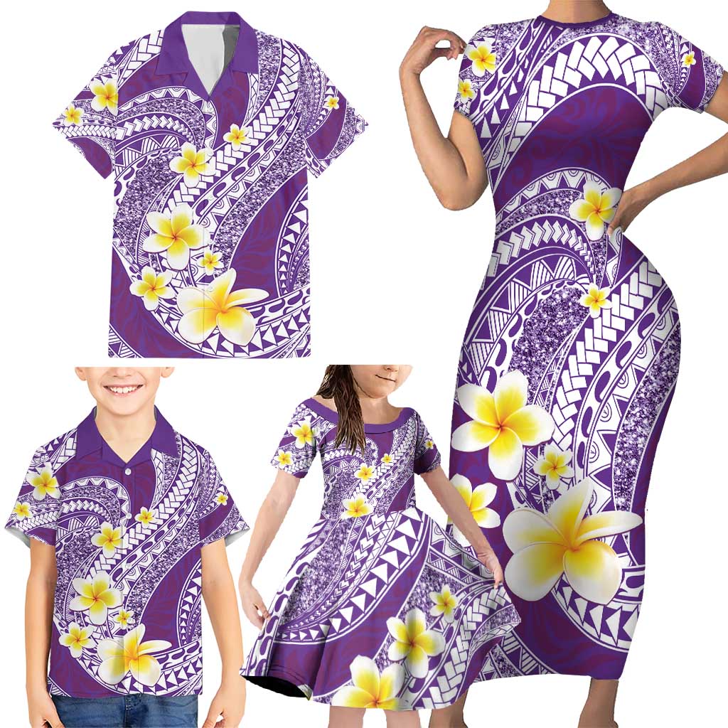 Plumeria Polynesian Purple Glitter Pattern Family Matching Short Sleeve Bodycon Dress and Hawaiian Shirt