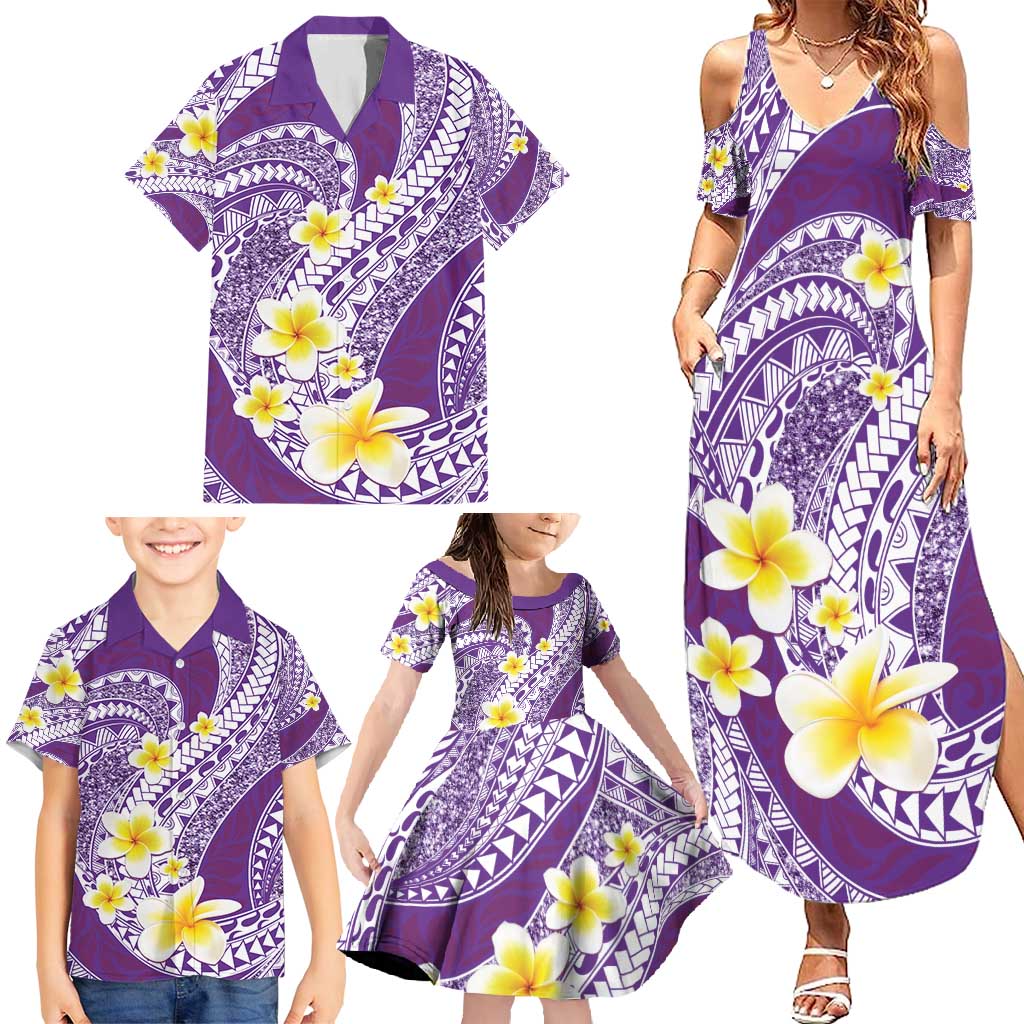 Plumeria Polynesian Purple Glitter Pattern Family Matching Summer Maxi Dress and Hawaiian Shirt LT01 - Polynesian Pride